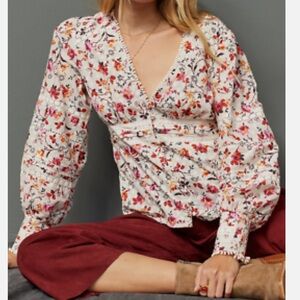 By Anthropologie Puff-Sleeved Floral Lace Button down in Pink Combo